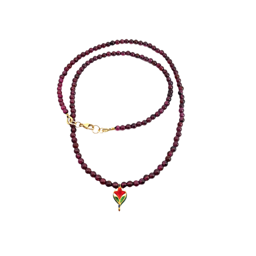 Antique 18k Gold Enamel and Ruby Charm on Garnet