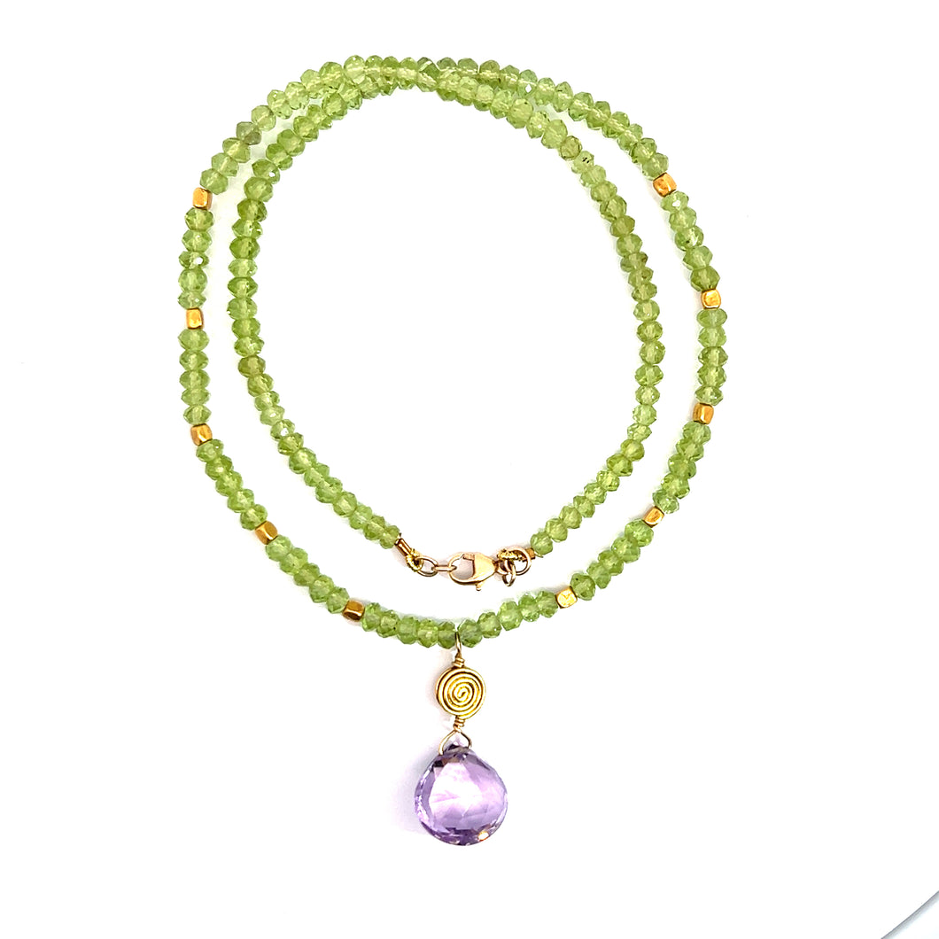 18K Peridot Necklace with 18K Gold Spiral Bead and Amethyst Drop