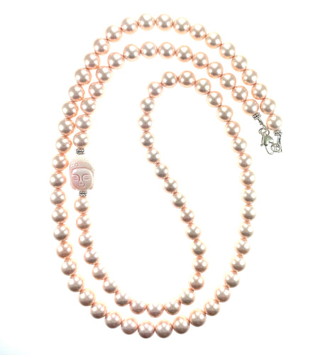 Sterling Silver Peach Mother of Pearl Opera Necklace with Carved Conch Shell Buddha