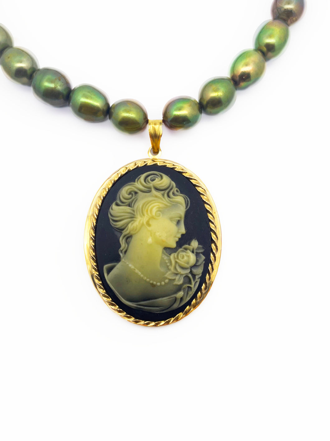 Gold-tone Vintage Cameo Locket Necklace on Lustrous Green Pearls