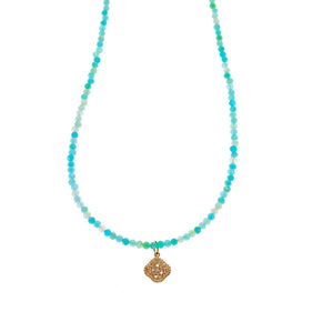 14K Gold Diamond Clover Charm on Amazonite Necklace