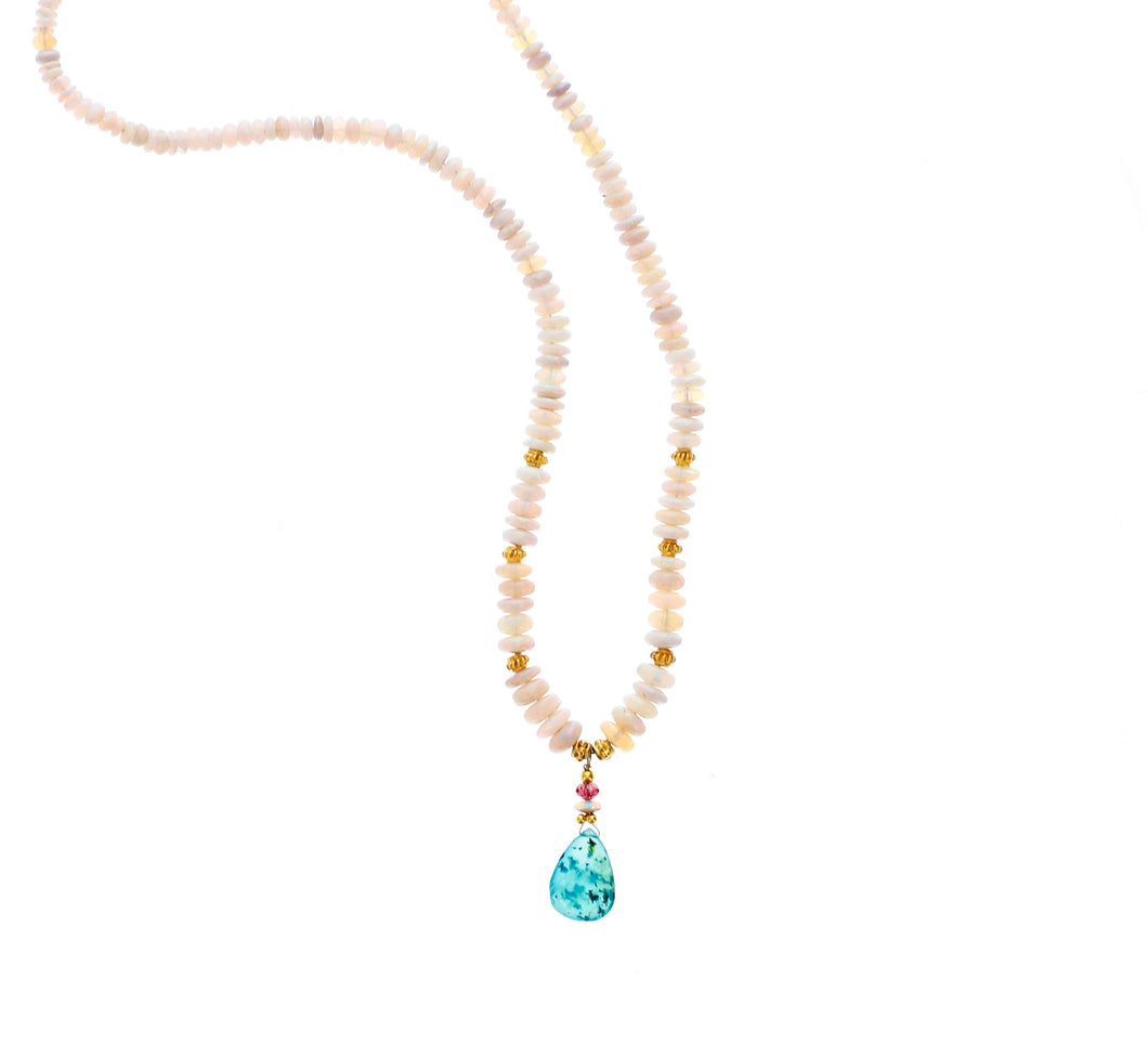18k Australian Opal with Pink Tourmailne Peruvian Opal Drop Necklace