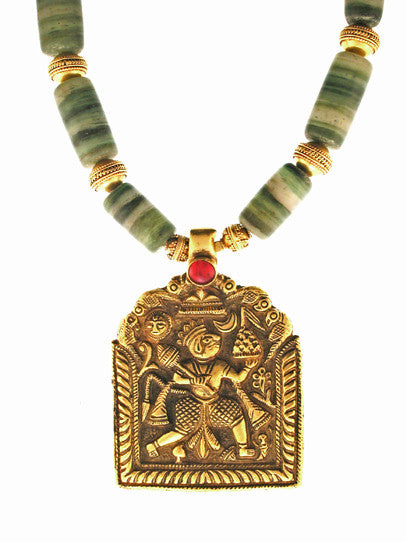 Antique 18K Hanuman Pendant on 18K Gold Antique Glass Strand