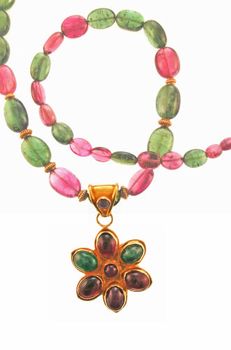Antique 18K Emerald Ruby Flower on Pink and Green Tourmaline