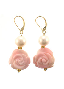 18K Pearl and Carved Conch Shell Rosette Earrings