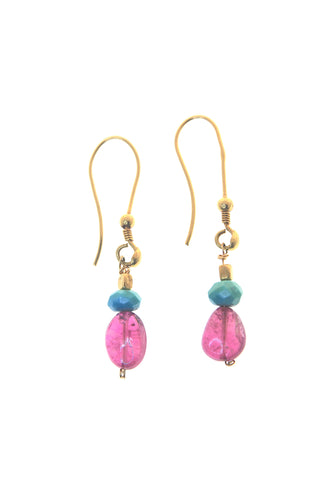 18K Turquoise Pink Tourmaline Drop Earrings