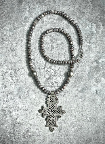 Vintage Sterling Silver Ethiopian Cross on Mystic Moonstone and vintage Mexican sterling silver beads