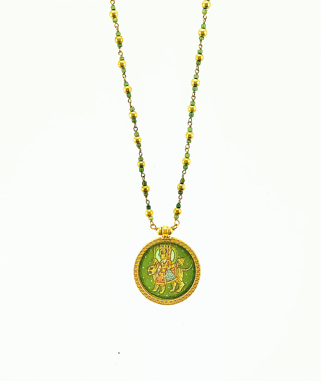 18K Hand-painted Durgha Pendant on 18k twisted Turquoise chain.