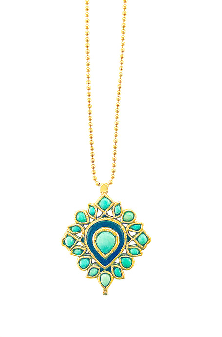Antique 22K Gold Turquoise and inlaid Sapphire Pendant on Ballbead Chain