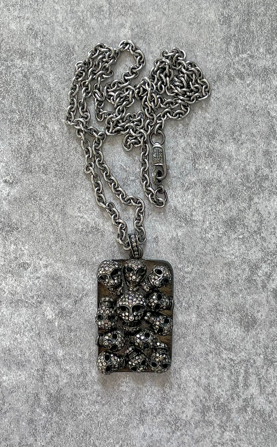 Blackened Diamond Skull Pendant on Blackened Sterling chain with Diamon Clasp
